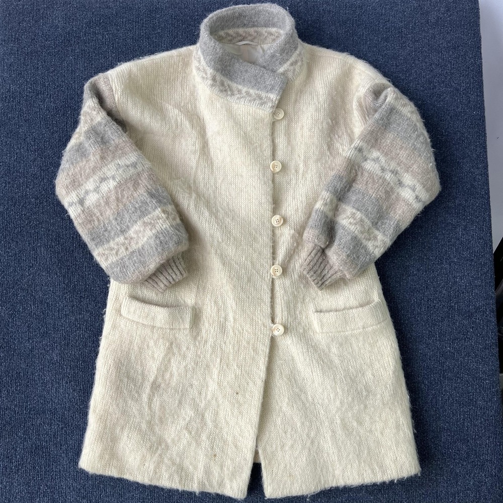 Hilda Ltd Wool Coat Womens‎ Medium Ivory Gray Lined Button Front Icelandic Wool